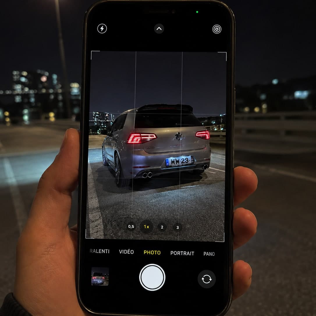 Un téléphone qui photographie une Volkswagen Golf de nuit
