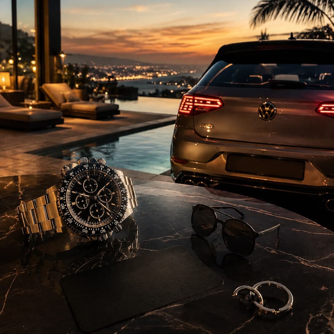 Une montre de luxe posée devant une Volkswagen Golf, au bord d'une piscine au coucher du soleil