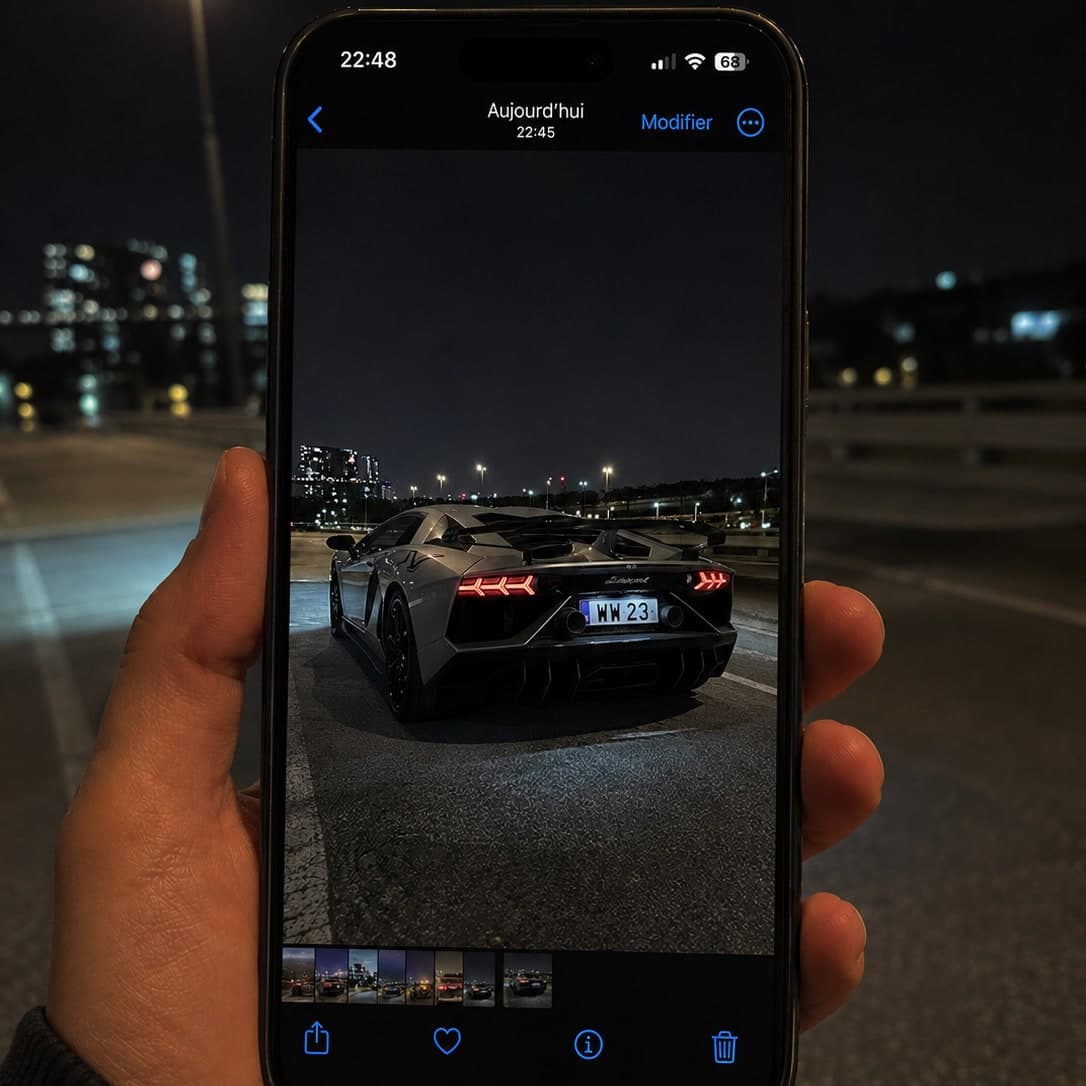Le même téléphone affichant le rendu final : une Lamborghini à la place de la Golf